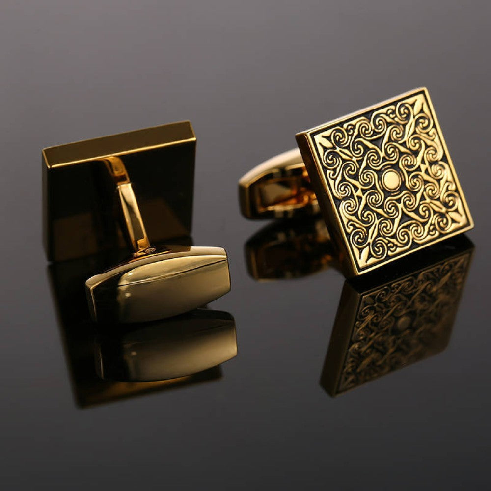 Square Black Gold Floral Enamel Cuff Links