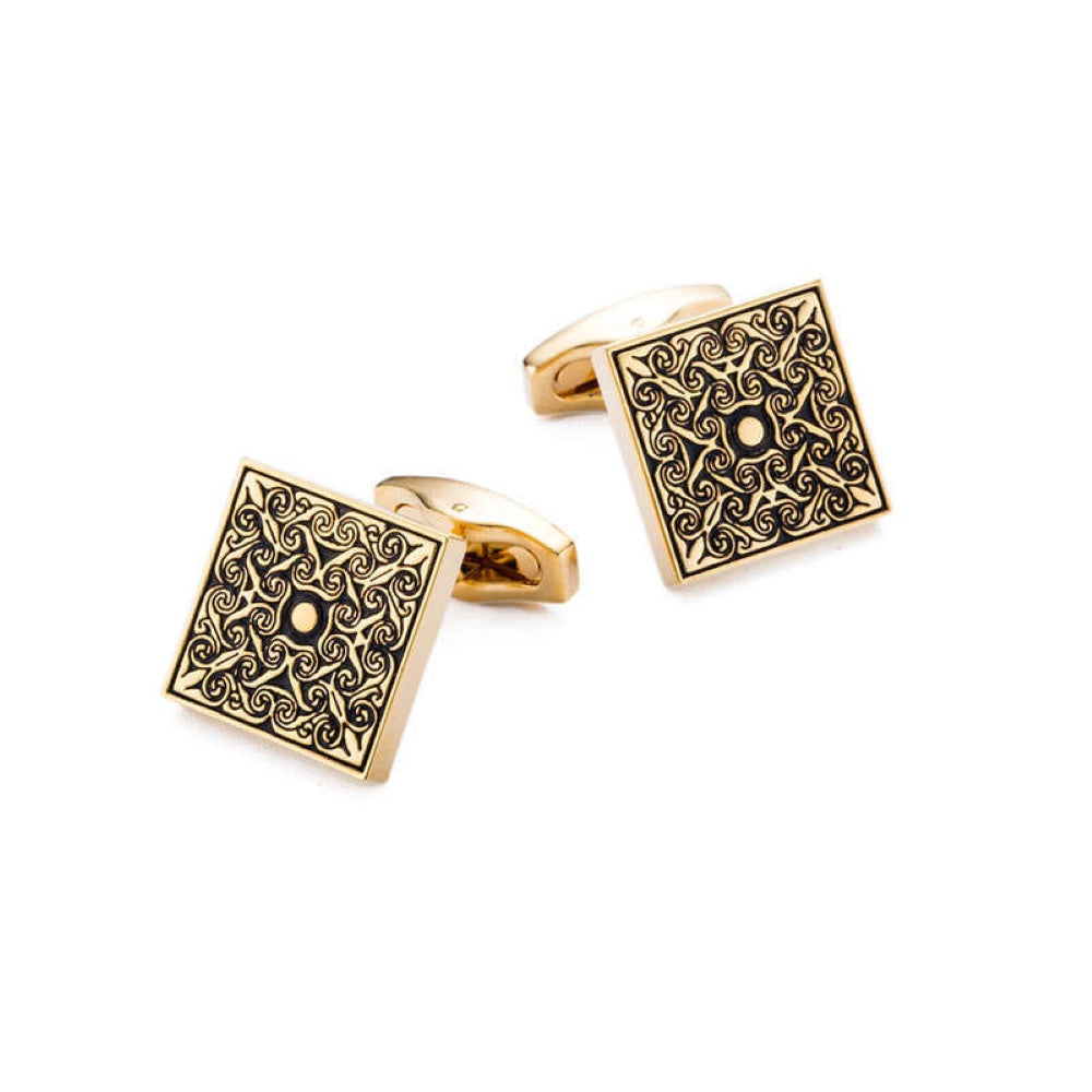 Square Black Gold Floral Enamel Cuff Links
