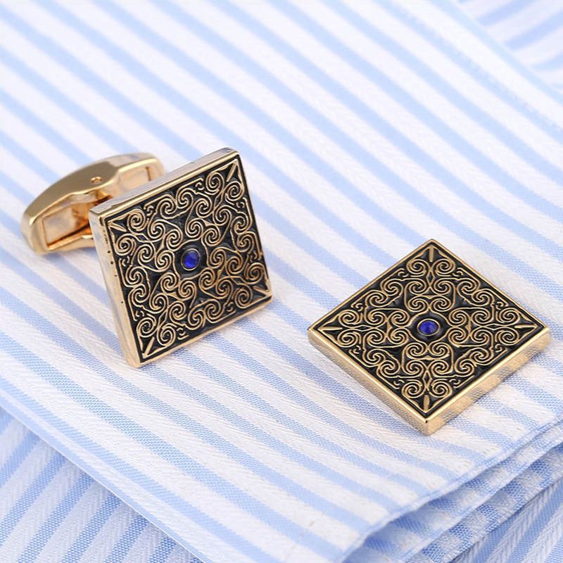 Square Gold Black Floral Enamel Cuff Links