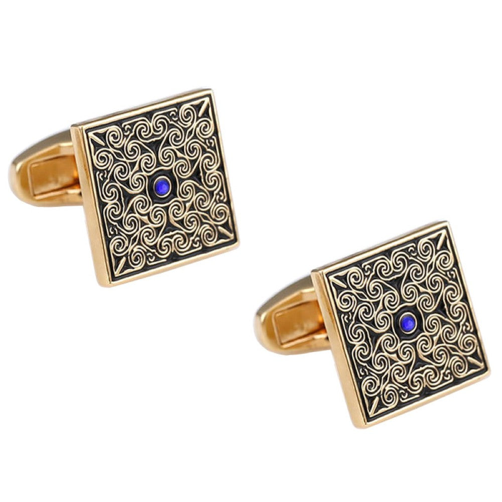 Square Gold Black Floral Enamel Cuff Links