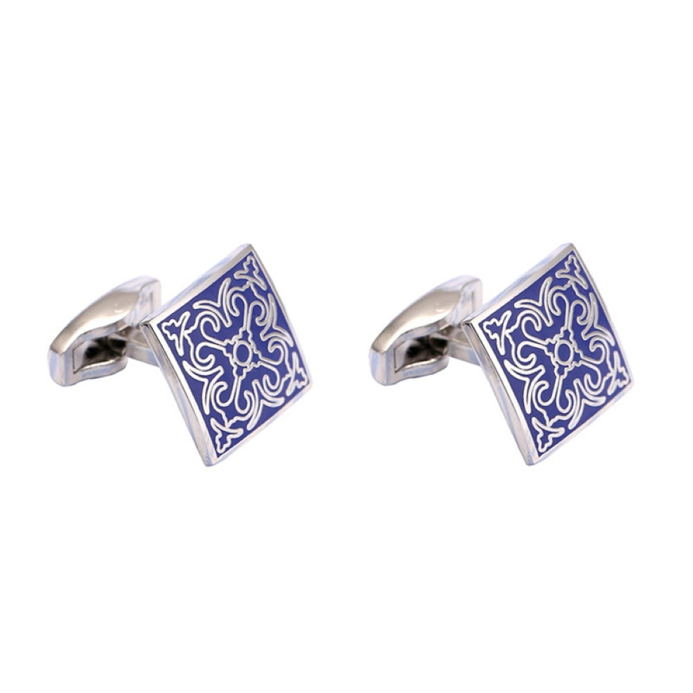 Square Vintage Blue Pattern Enamel Cuff Links