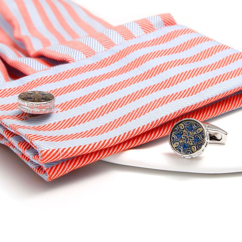 Round Blue Gold Engraved Vintage Cuff Links