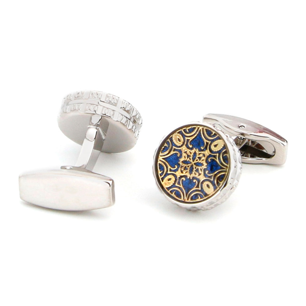 Round Blue Gold Engraved Vintage Cuff Links