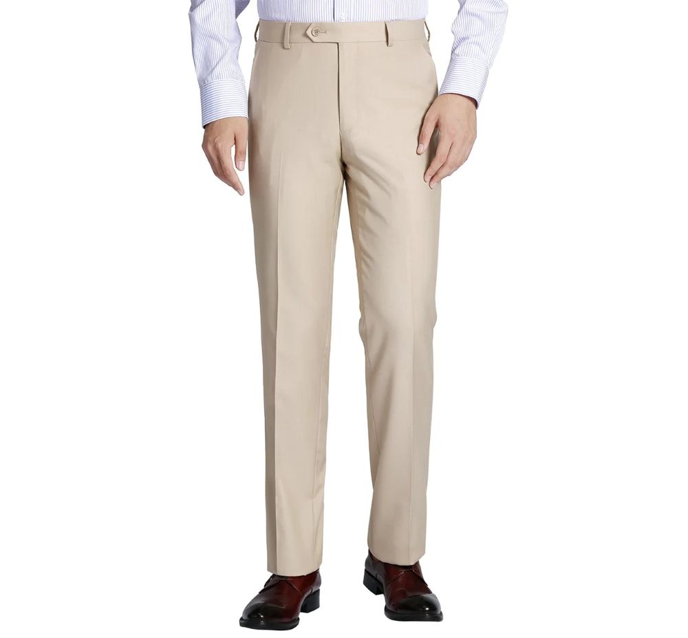 Solid Dress Pants Regular Leg Un-Hemmed Bottoms in Beige, showing a pocket detail.