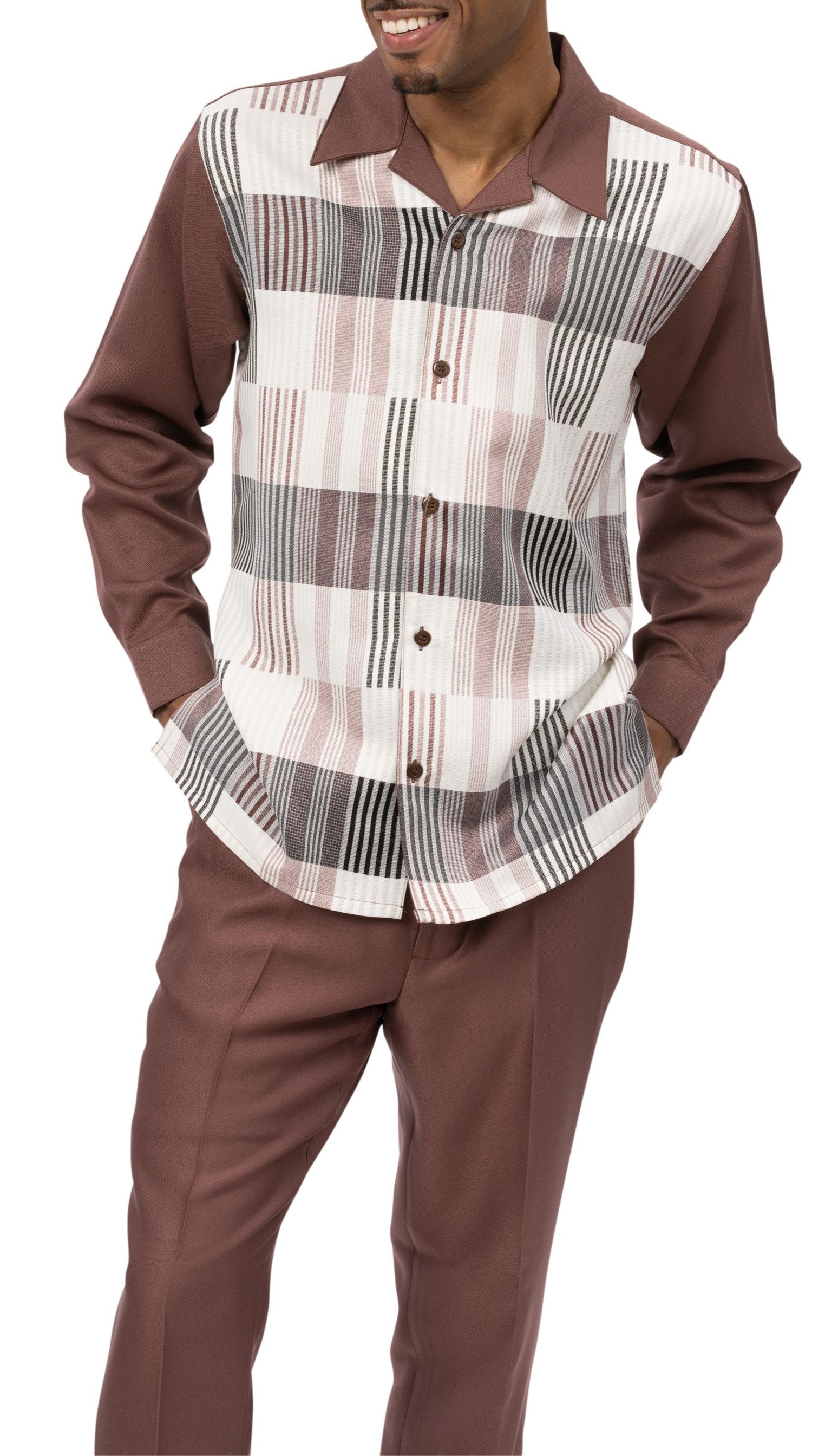 Coffee Plaid Long Sleeve Walking Suit: close-up of checkered sleeve with cuff buttons.