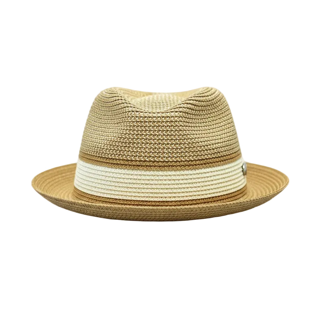 Beige straw hat with a white band on a white background