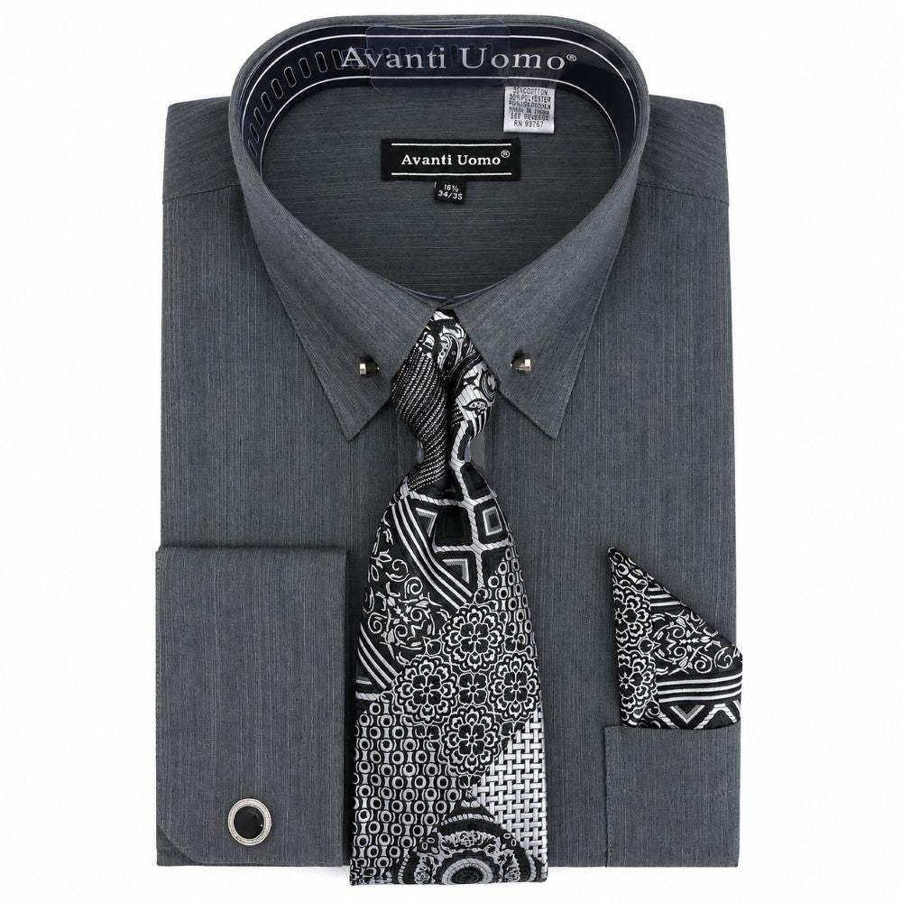Regular Fit Textured French Cuff Dress Shirt Set - Charcoal