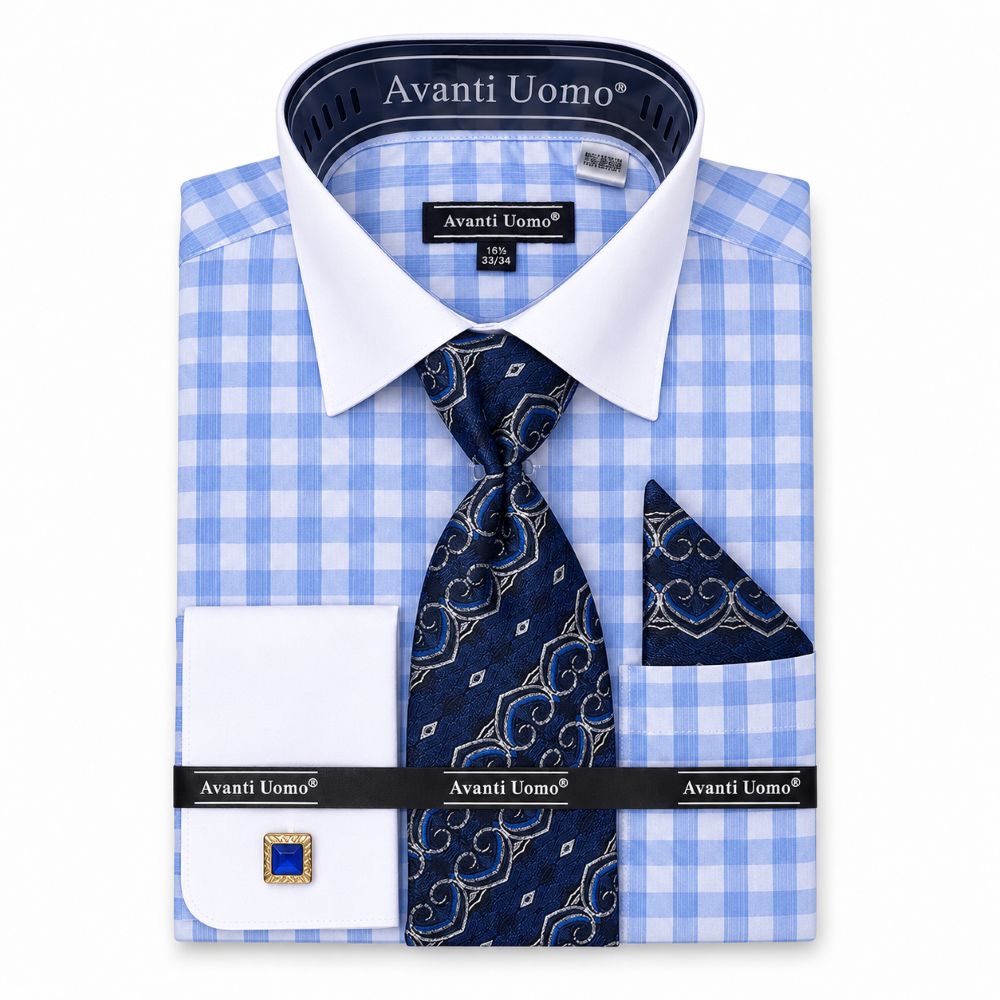 Light Blue Check Dress Shirt Set with Button Cuff