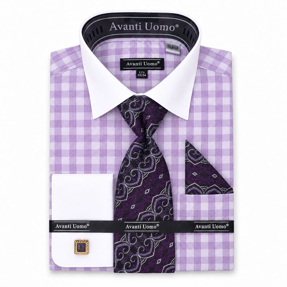 Lilac Check Dress Shirt Set with Button Cuff