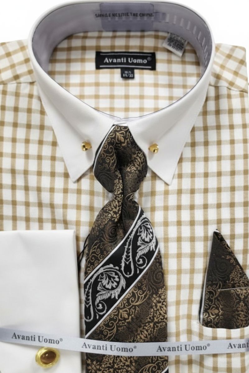 Men's Beige Windowpane French Cuff Dress Shirt Set 15½ 33/34 / Beige