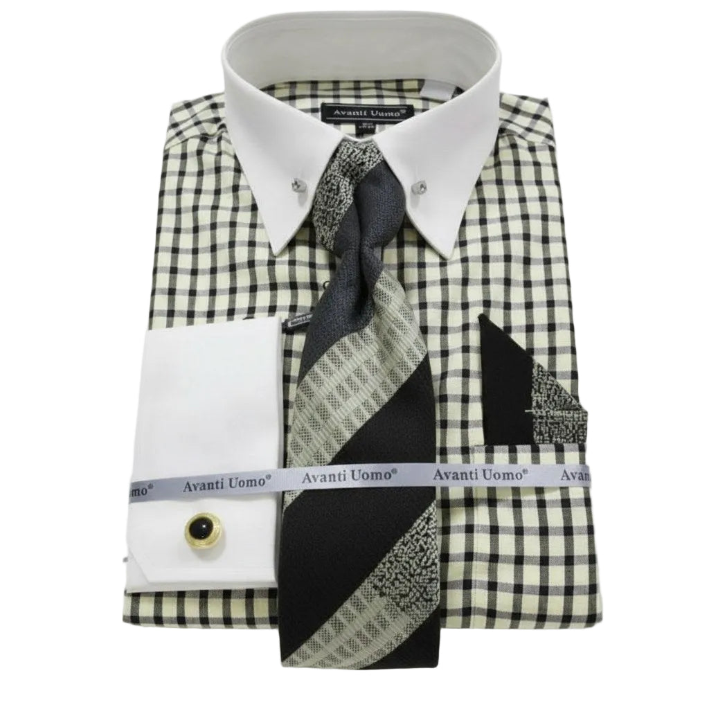 Black Windowpane French Cuff Dress Shirt Set