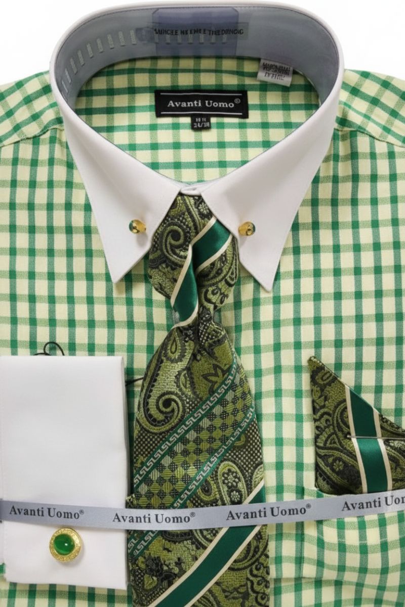 Green Windowpane French Cuff Dress Shirt Set
