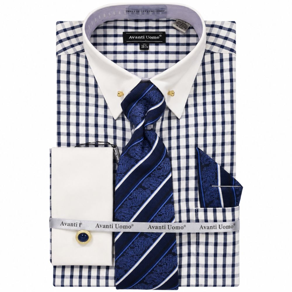 Navy Windowpane French Cuff Dress Shirt Set