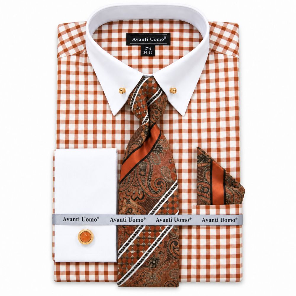 Rust Windowpane French Cuff Dress Shirt Set