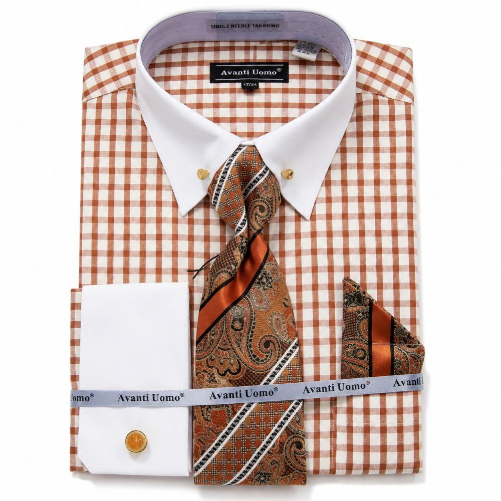 Rust Windowpane French Cuff Dress Shirt Set