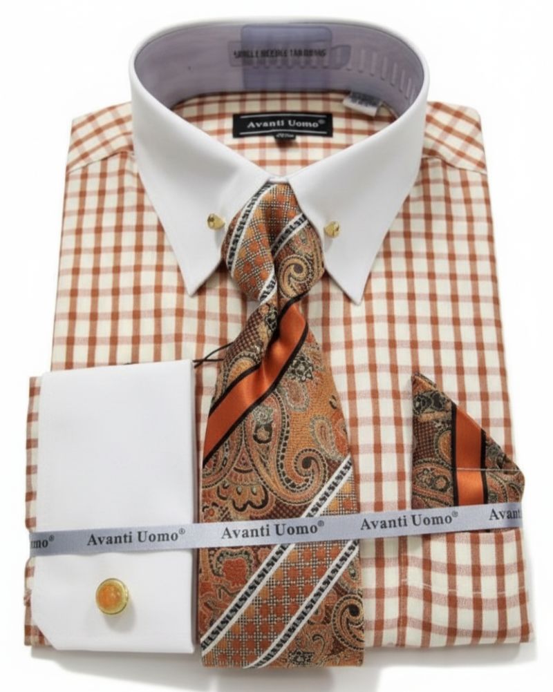 Rust Windowpane French Cuff Dress Shirt Set