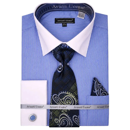 Blue regular fit pinstripe French cuff dress shirt set