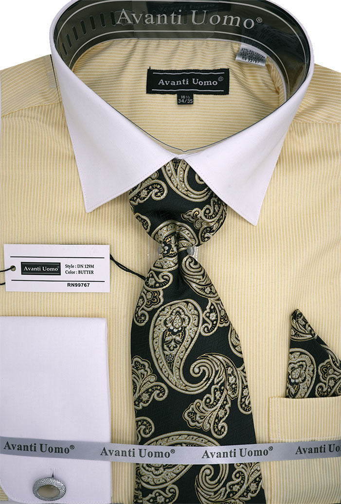 dress gold white black blue Men's Butter Pin Striped Dress Shirt Set with Tie and Handkerchief 18½ 36/37 / Butter