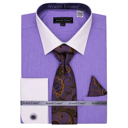 Lavender regular fit pinstripe French cuff dress shirt set