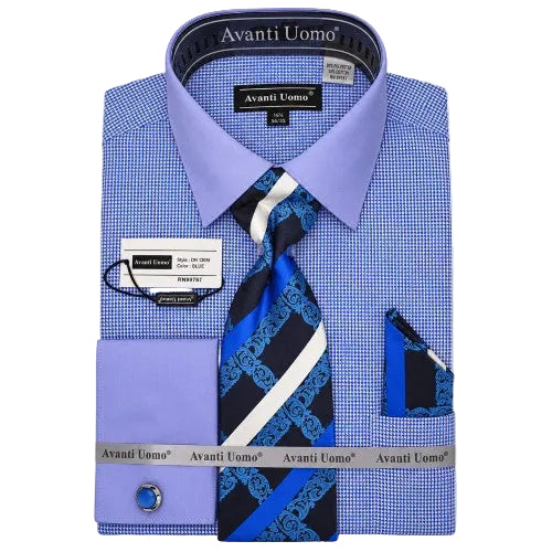 Regular Fit Mini-Houndstooth French Cuff Dress Shirt Set - Blue