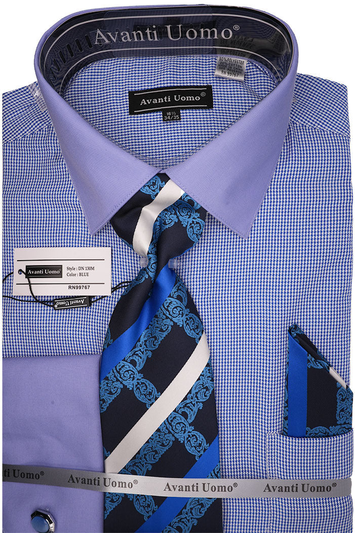 Men's Blue French Cuff Mini-Houndstooth Dress Shirt Set with Tie and Handkerchief 18½ 36/37 / Blue