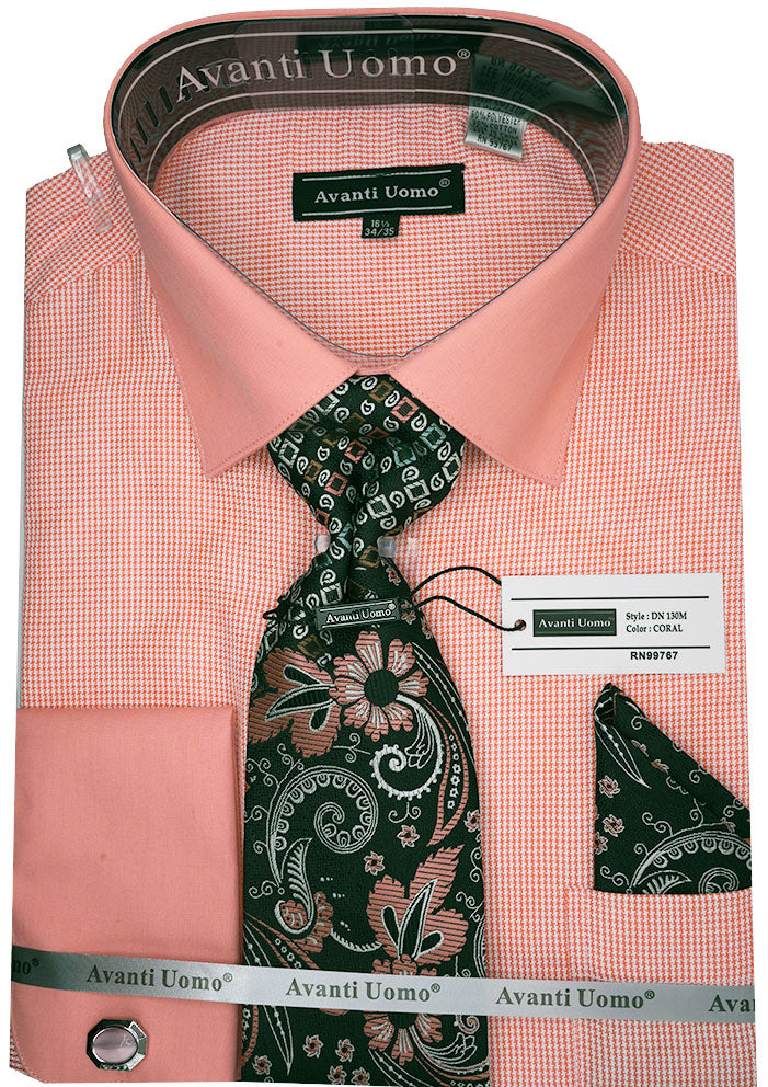 Men's Coral French Cuff Mini-Houndstooth Dress Shirt Set with Tie and Handkerchief 16½ 34/35 / Coral Men's Coral French Cuff Mini-Houndstooth Dress Shirt Set with Tie and Handkerchief 16½ 34/35 / Coral