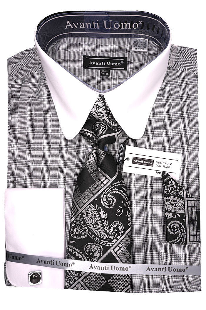 Men's Black Windowpane Dress Shirt Set with Tie and Handkerchief 15 33/34 / Black Men's Black Windowpane Dress Shirt Set with Tie and Handkerchief 15 33/34 / Black