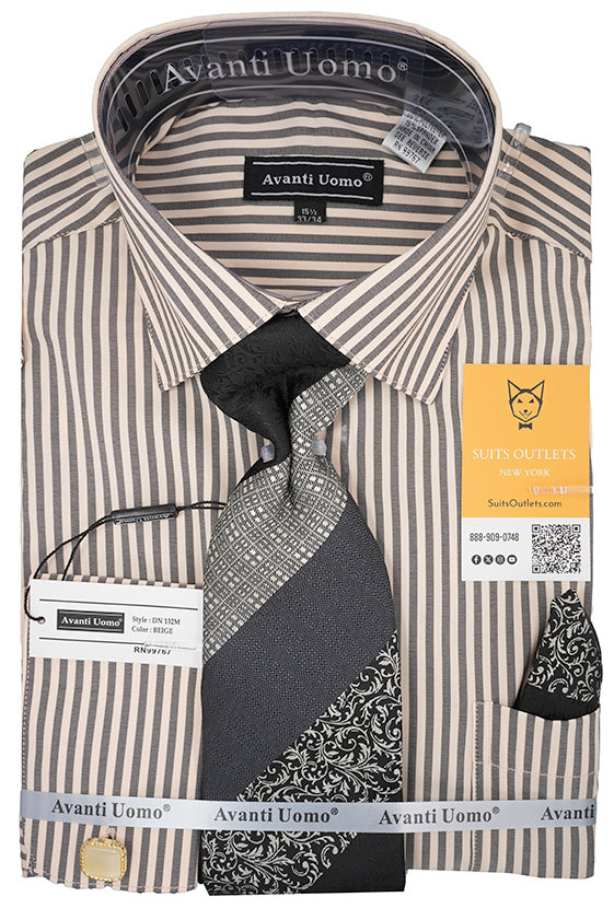 Black and Beige Striped Dress Shirt Set with Tie and Handkerchief