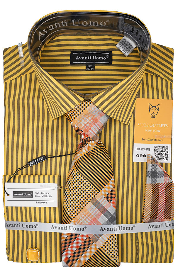 Black and Mustard Striped Dress Shirt Set with Tie and Handkerchief