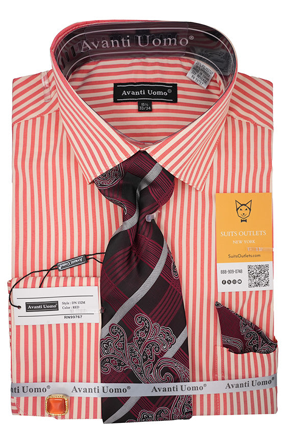 Red and White Striped Dress Shirt Set with Tie and Handkerchief