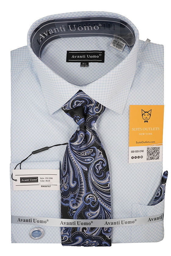 Blue Mini-Check Dress Shirt Set with Tie and Handkerchief