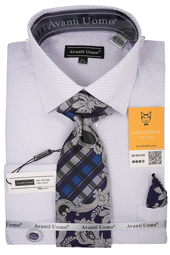 slim fit dress slacks Men's Lilac Mini-Check French Cuff Dress Shirt Set with Tie, Cuff Links and Pocket Square 18½ 36/37 / Lilac