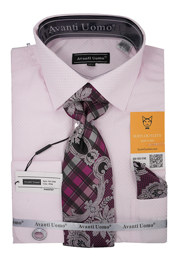 Pink Mini-Check Dress Shirt Set with Tie and Handkerchief