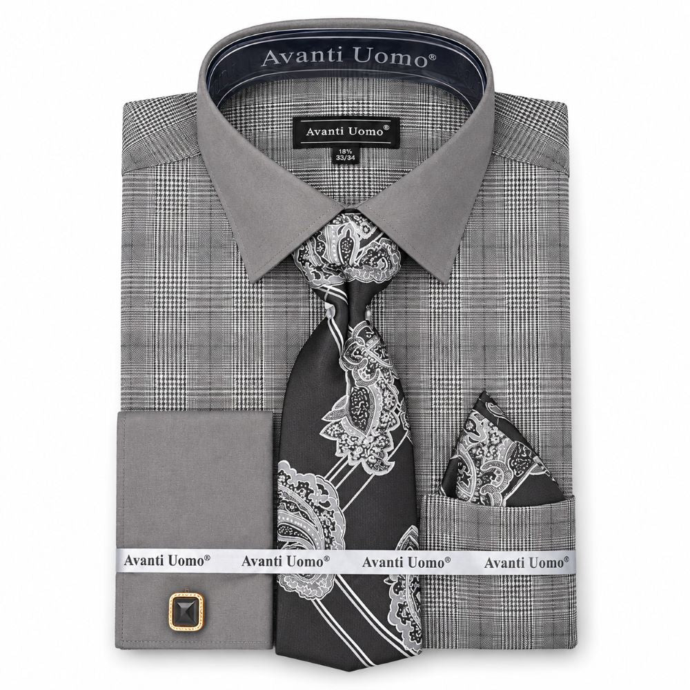 Regular Fit Plaid French Cuff Dress Shirt Set - Black