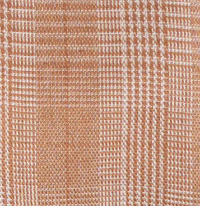 Brown plaid fabric close-up for French Cuff Dress Shirt, displaying checkered weave.