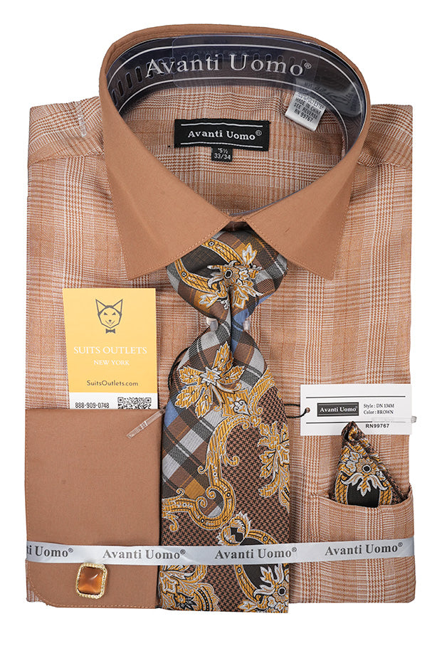 Brown plaid Avanti Uomo French cuff dress shirt set with cuff links, tie, pocket square, collar, button, pocket on white.