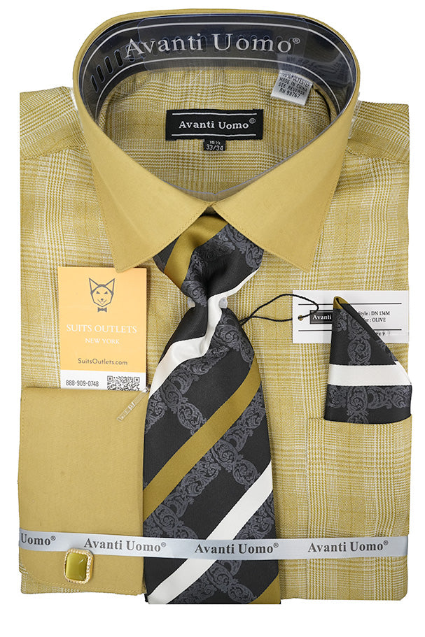 Yellow checkered shirt with a striped tie and pocket square, branded 'Avanti Uomo', on a white background.