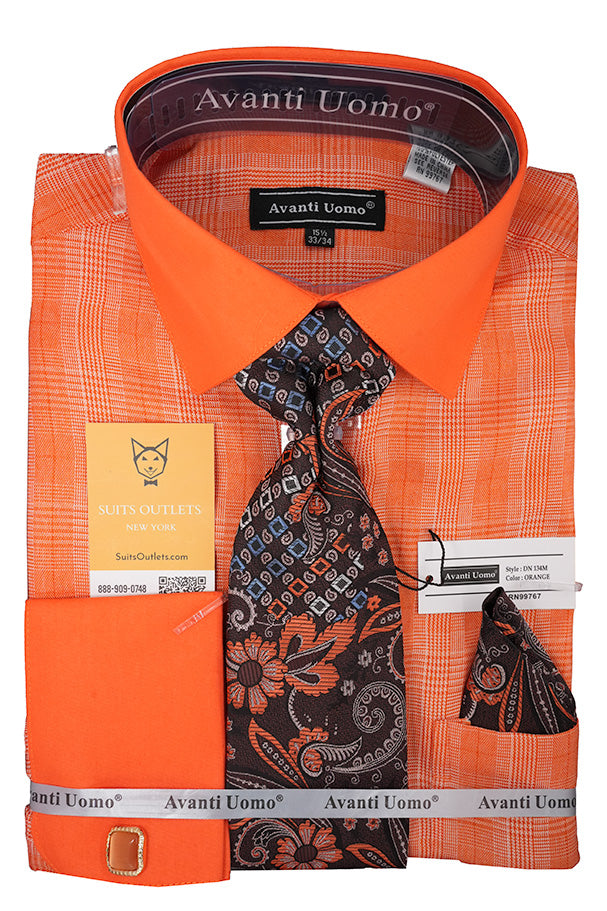 Men's Orange Plaid French Cuff Dress Shirt Set with Cuff Links, Tie and Pocket Square 18½ 36/37 / Orange