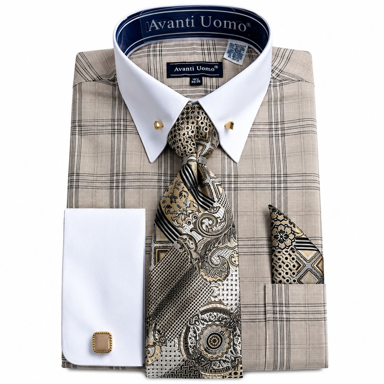 Beige Glen Plaid French Cuff Dress Shirt Set