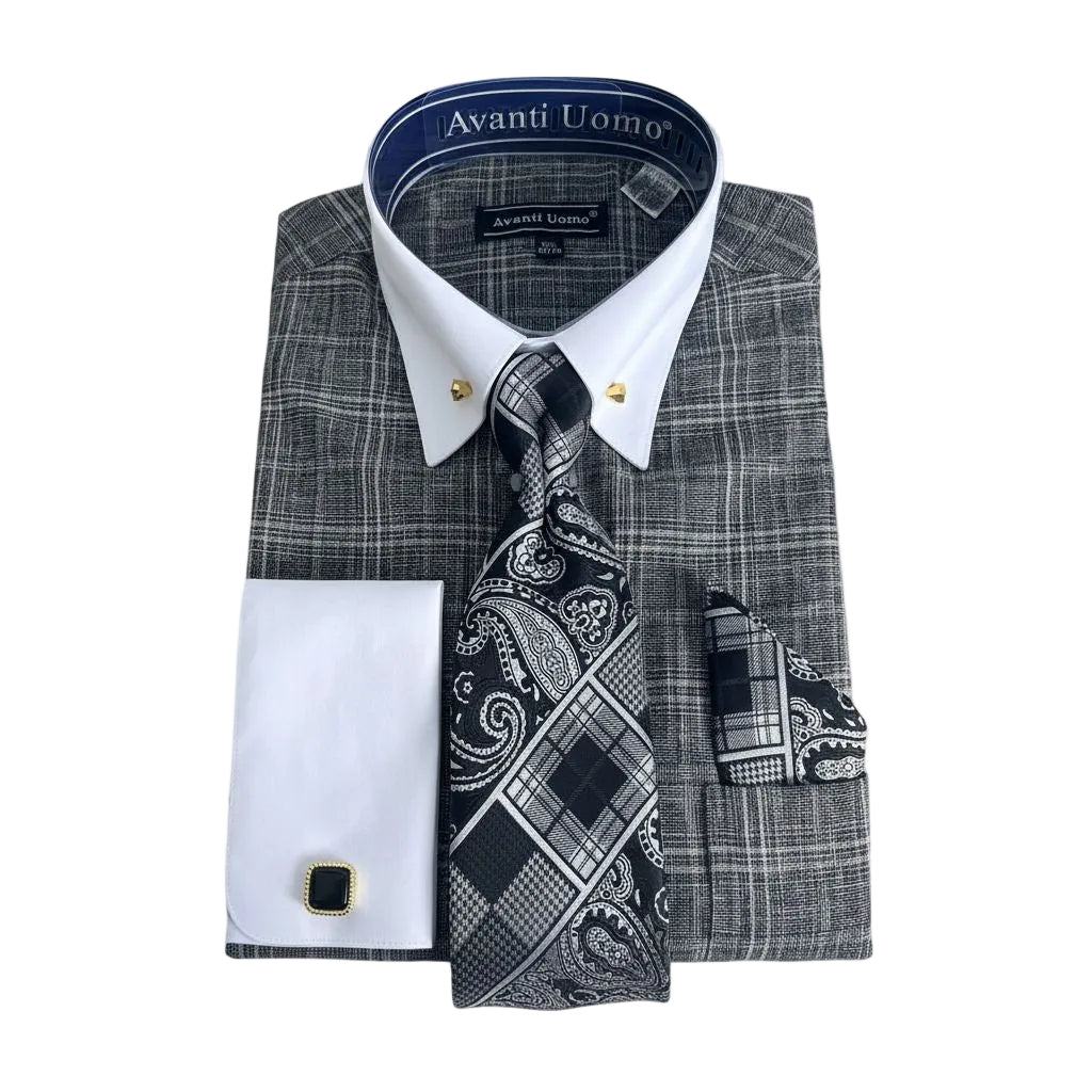 Men's Black Glen Plaid French Cuff Dress Shirt Set 15½ 33/34 / Black