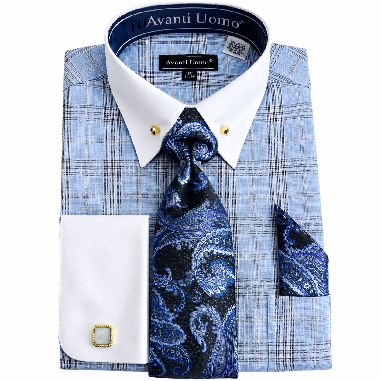 Men's Blue Glen Plaid French Cuff Dress Shirt Set 19½ 36/37 / Blue