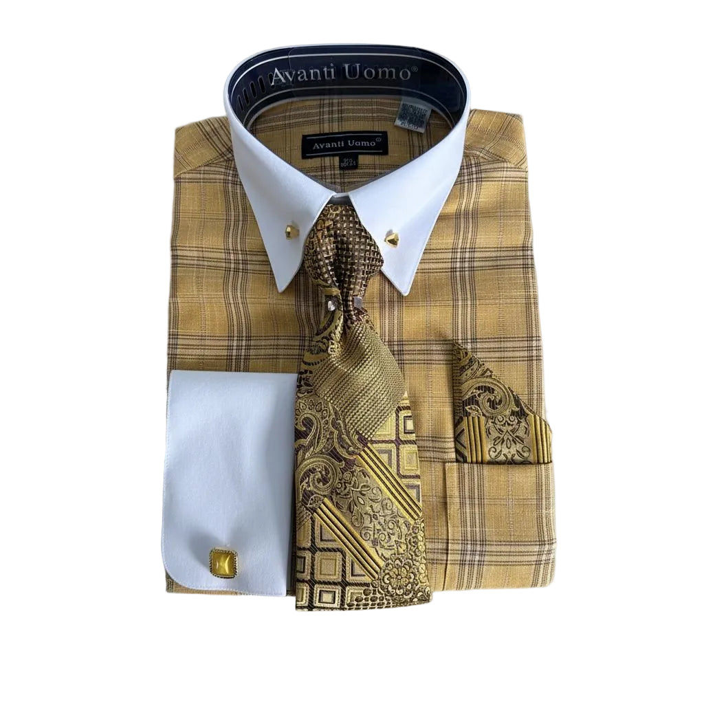 Men's Mustard Glen Plaid French Cuff Dress Shirt Set 19½ 36/37 / Mustard