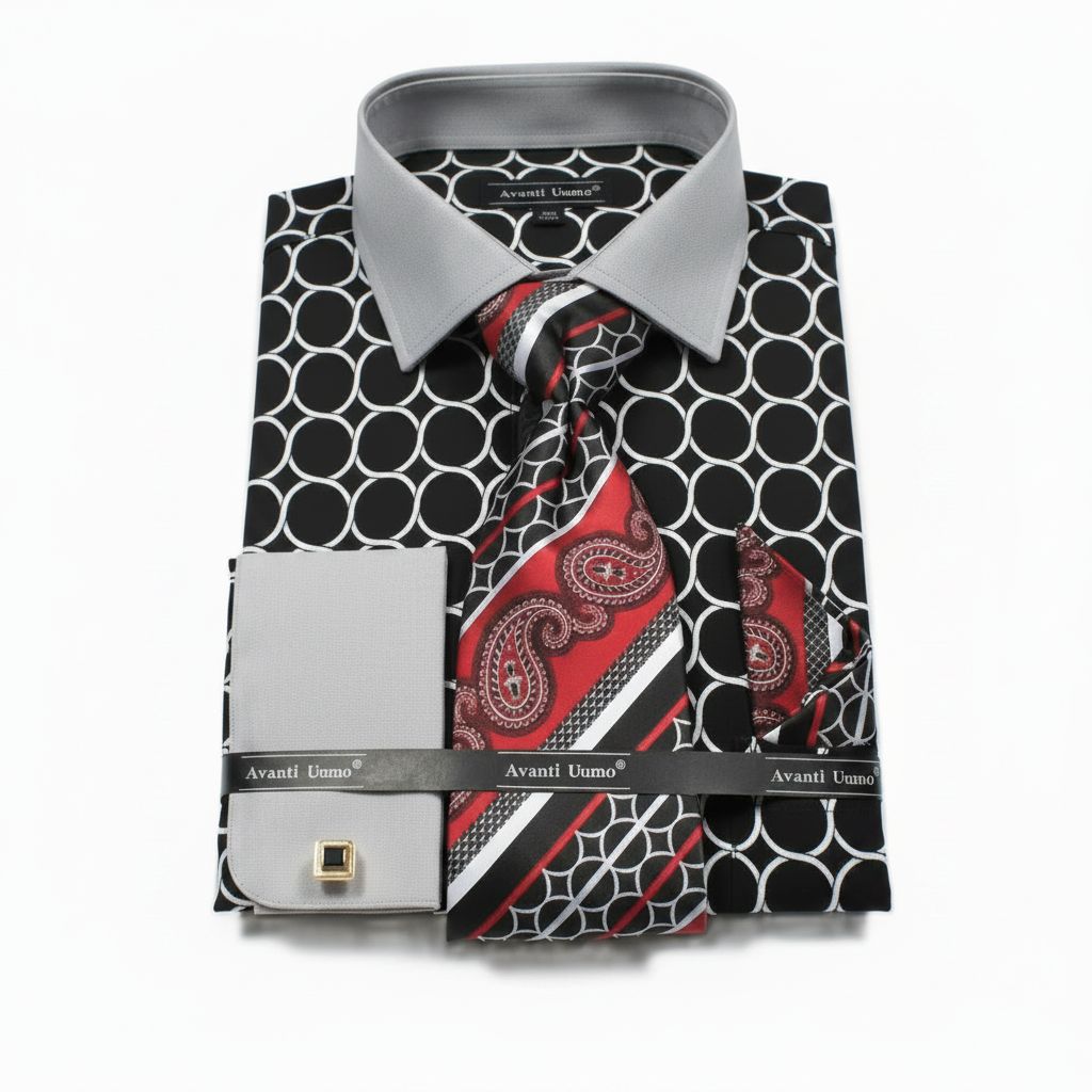 Black Circle Print French Cuff Dress Shirt Set