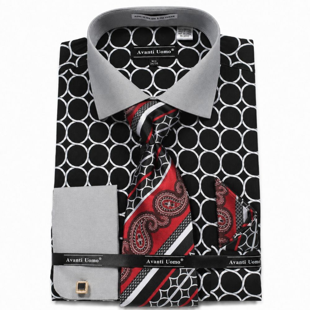 Black Circle Print French Cuff Dress Shirt Set