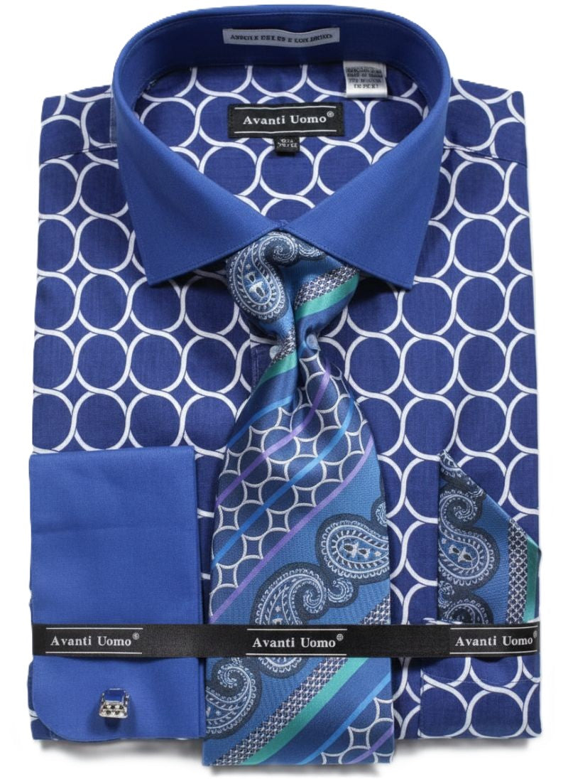 Blue Circle Print French Cuff Dress Shirt Set