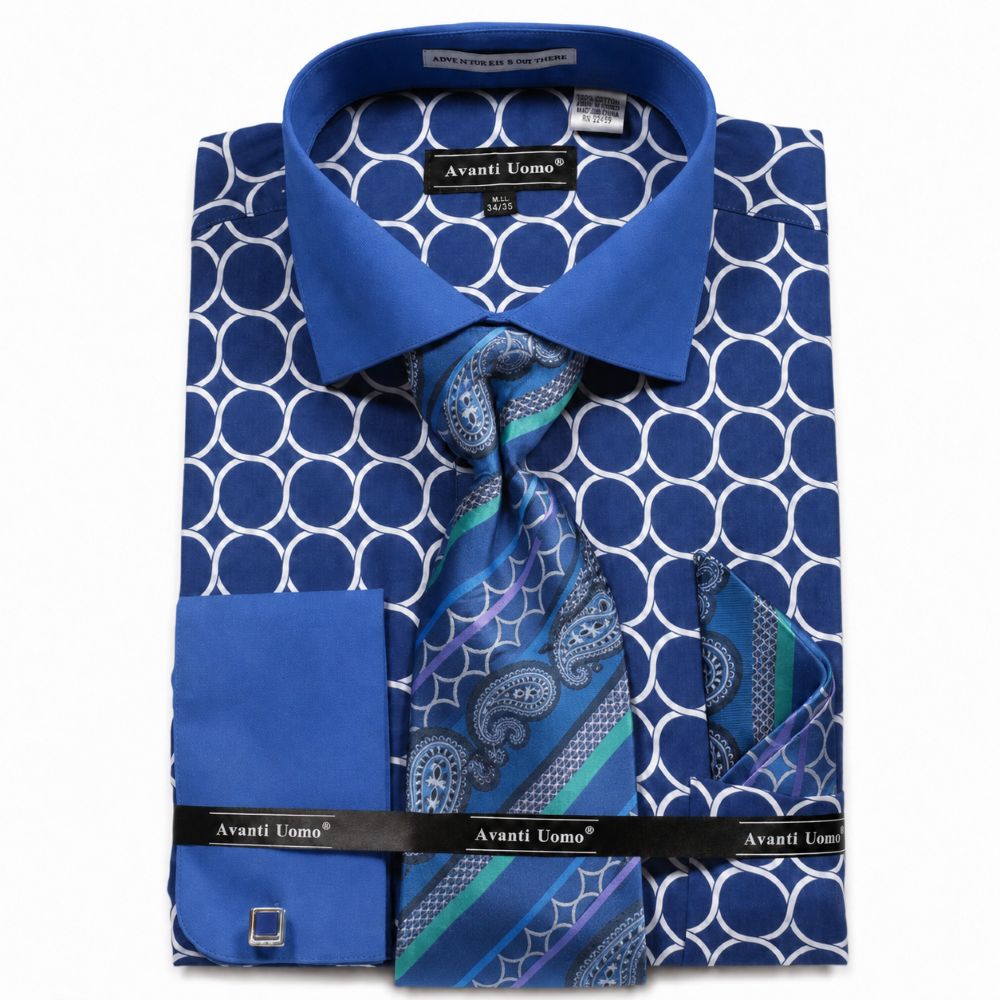 Blue Circle Print French Cuff Dress Shirt Set