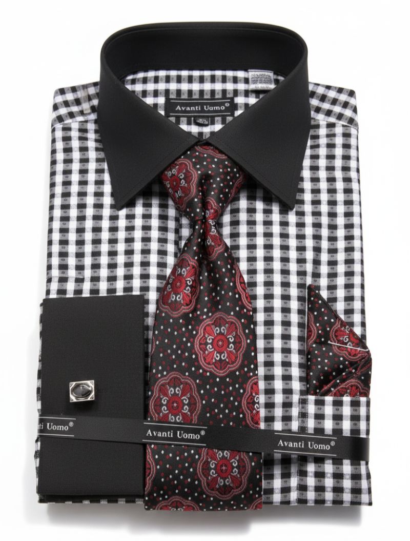Check Pattern French Cuff Dress Shirt Set - Black