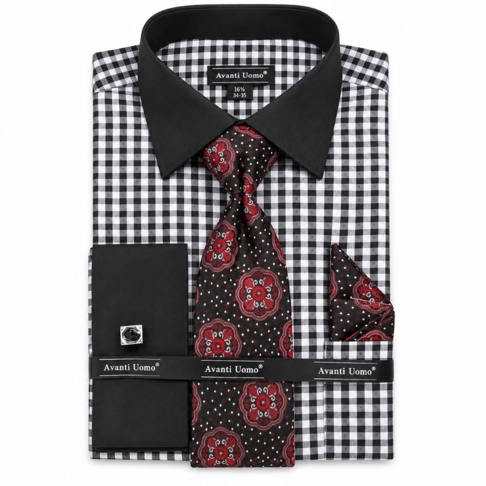 Check Pattern French Cuff Dress Shirt Set - Black