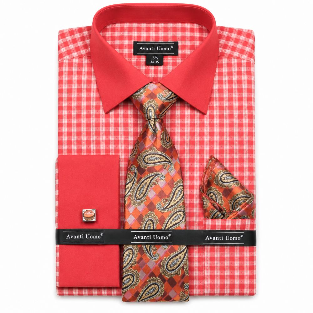 Check Pattern French Cuff Dress Shirt Set - Coral