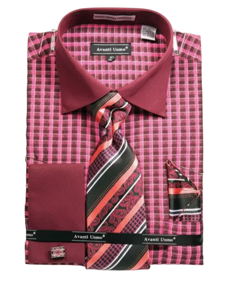 Check Pattern French Cuff Dress Shirt Set - Fuchsia